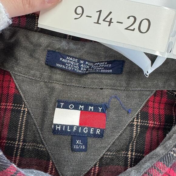 Tommy Hilfiger Shirt Mens X Large Red Grey Flannel Button Down Cotton Vintage - Picture 3 of 7